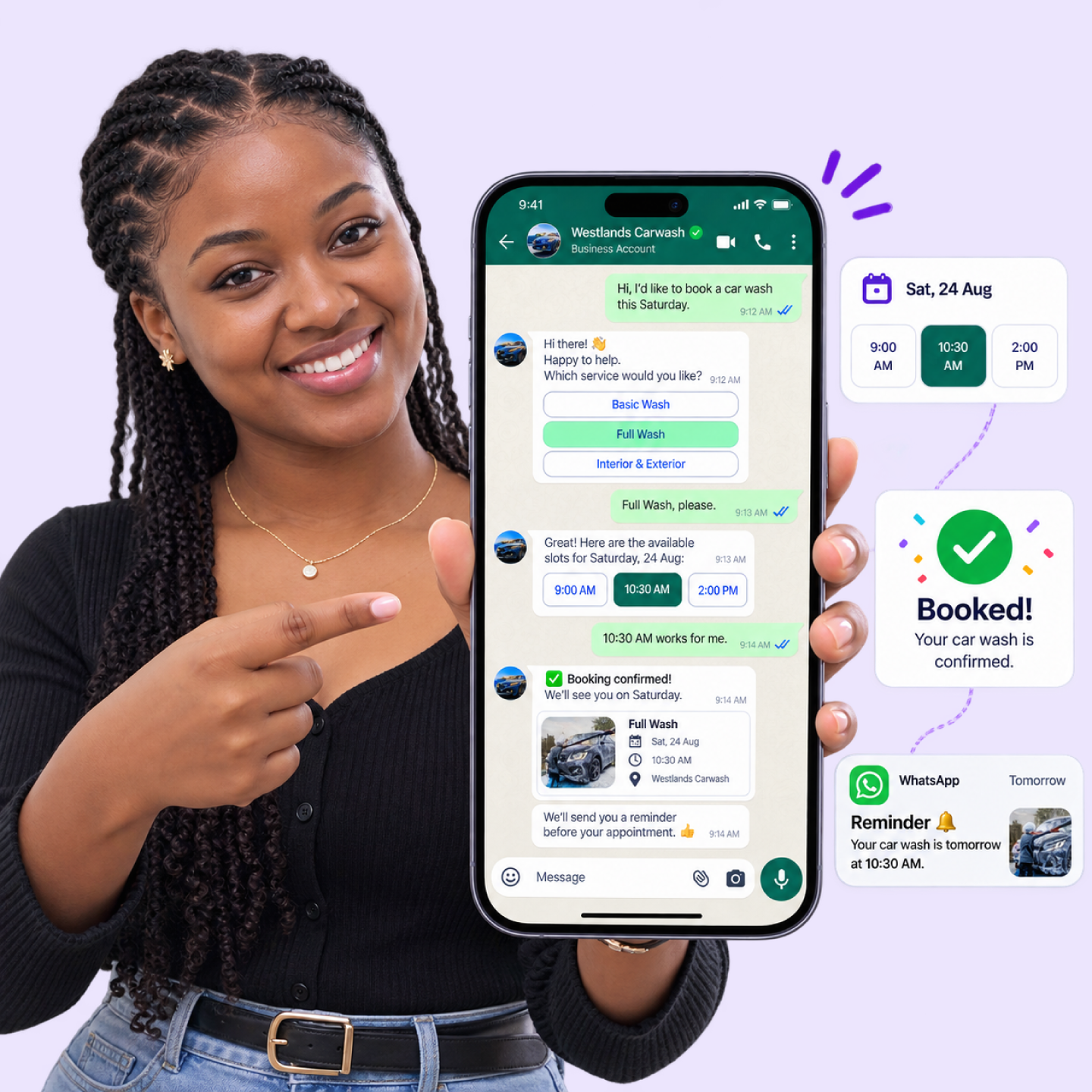 WhatsApp appointment booking flow with slot selection, deposit confirmation and diary update in a single chat thread