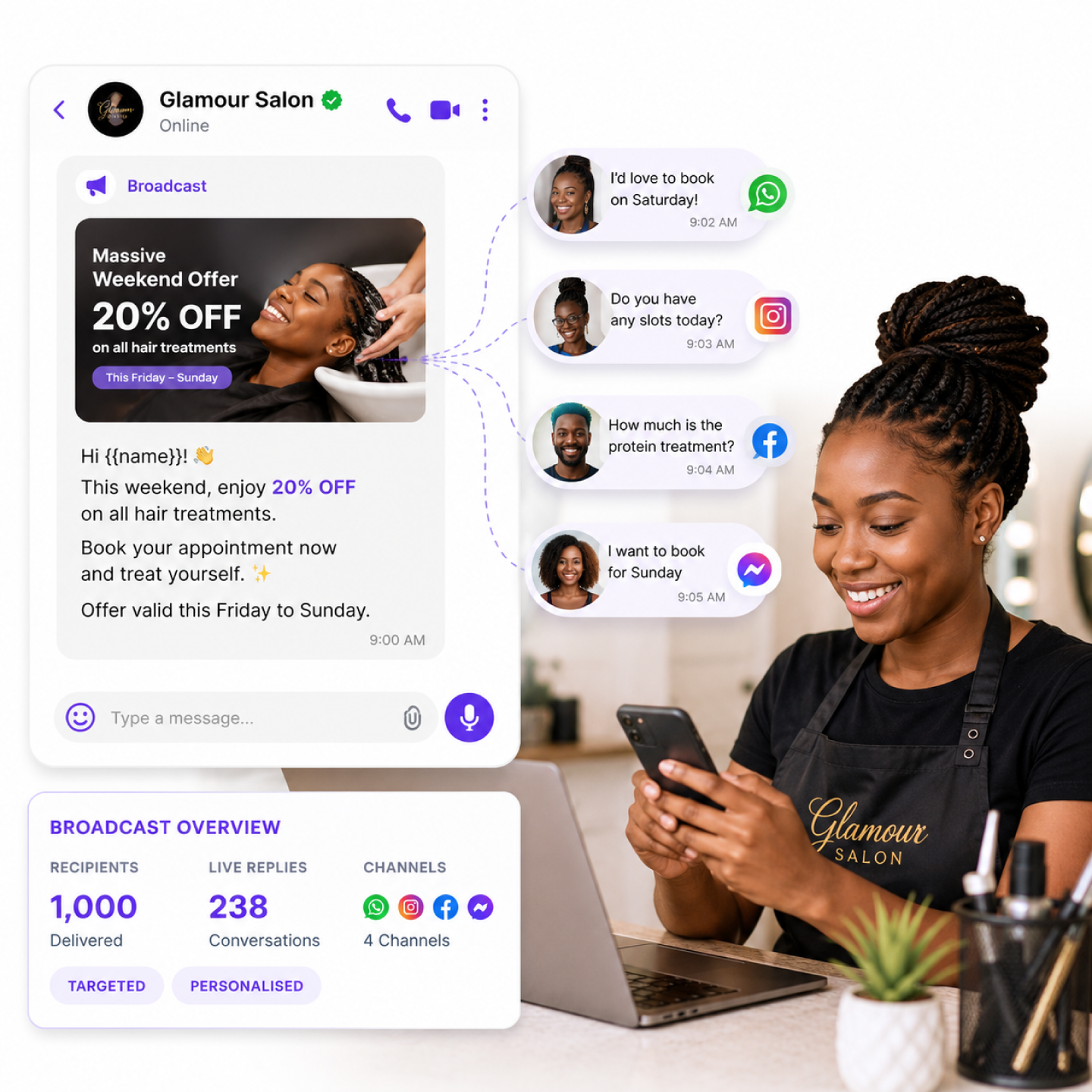 Targeted WhatsApp broadcast reaching a segment with personalised replies coming back as real conversations