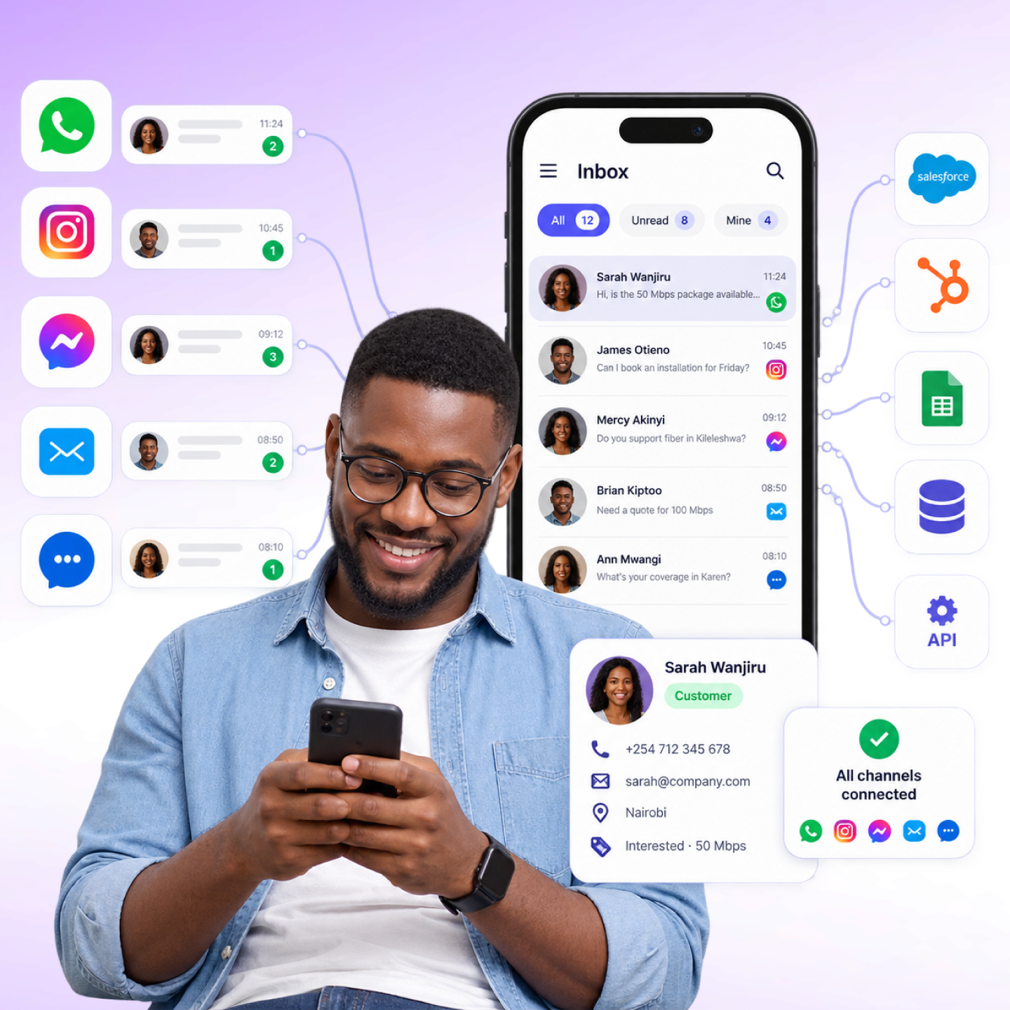Unified inbox with WhatsApp, web chat and SMS conversations alongside pulled-in customer data from connected systems