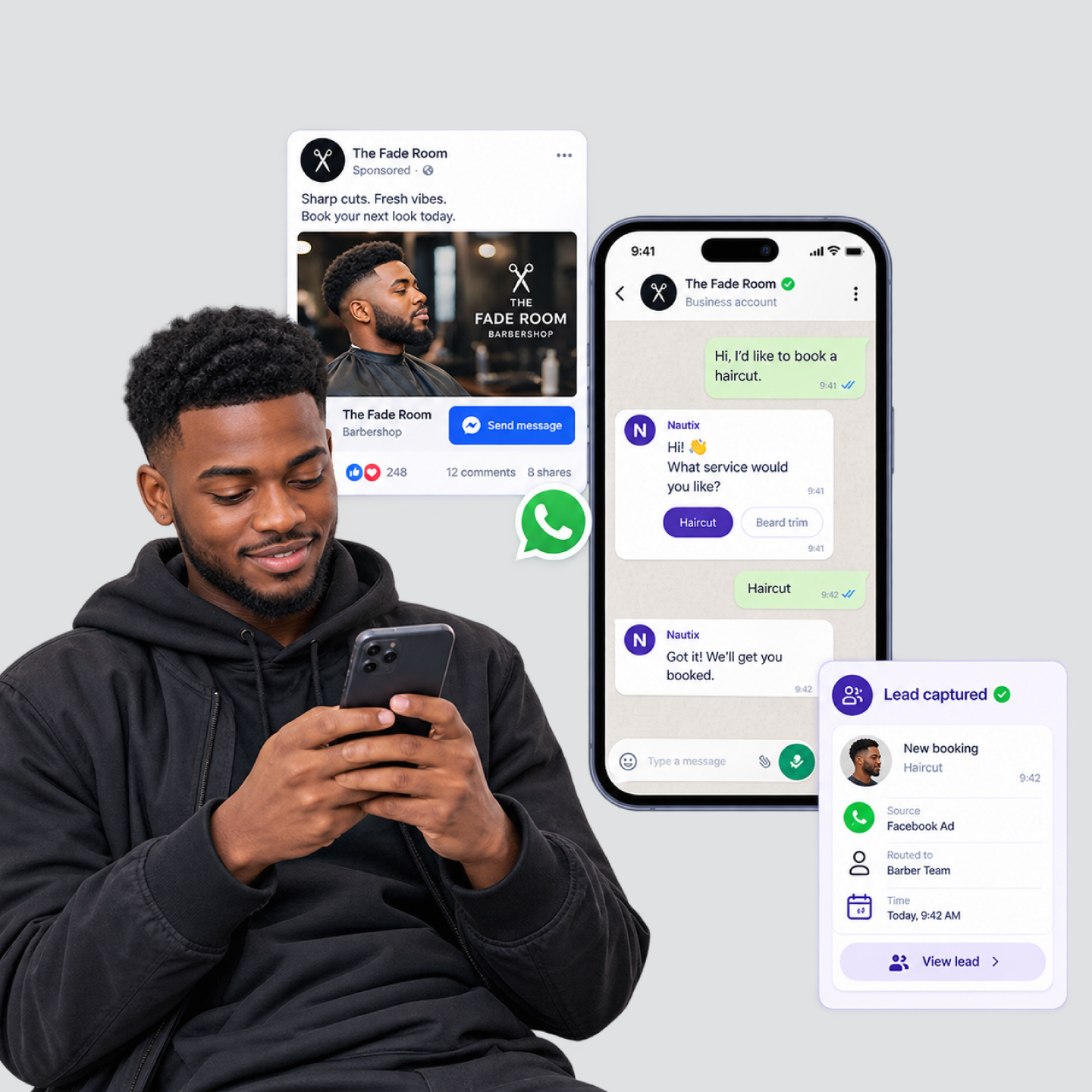 How Click to WhatsApp Ads works: ad tap opens WhatsApp, Nautix qualifies, lead captured with ad attribution