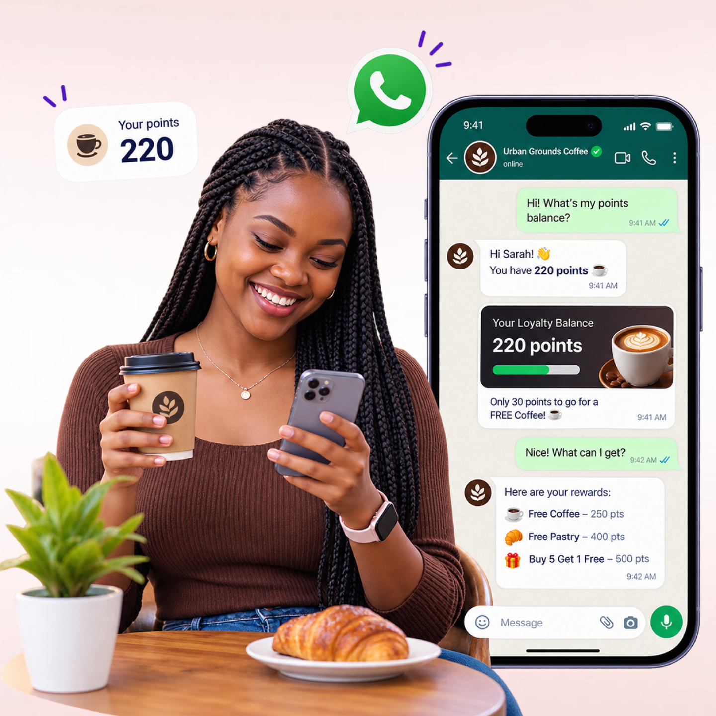 WhatsApp loyalty programme showing points balance and reward unlocked message in a chat thread