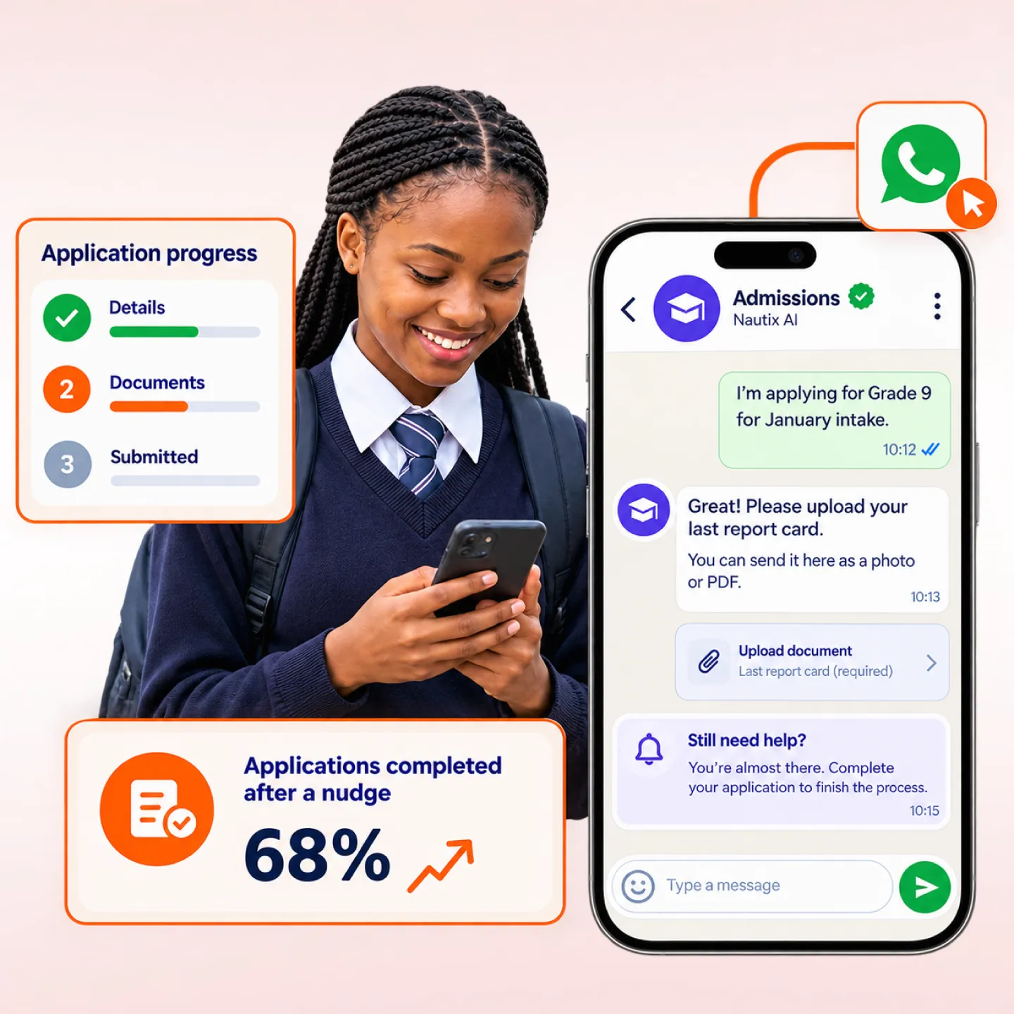 Nautix guiding applicants through forms and document collection on WhatsApp