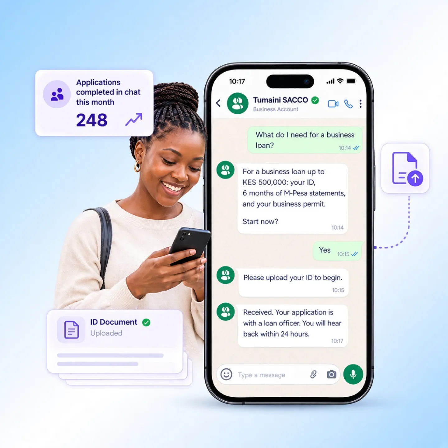 Nautix onboarding a new member and collecting documents on WhatsApp