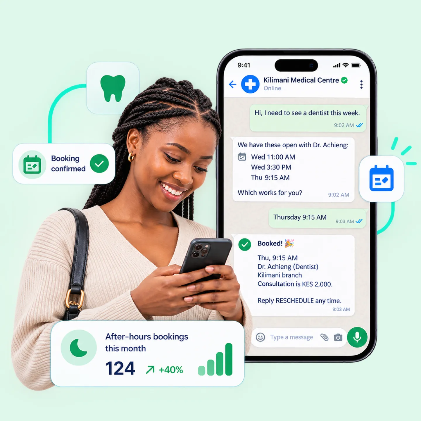 Nautix booking a patient appointment in WhatsApp