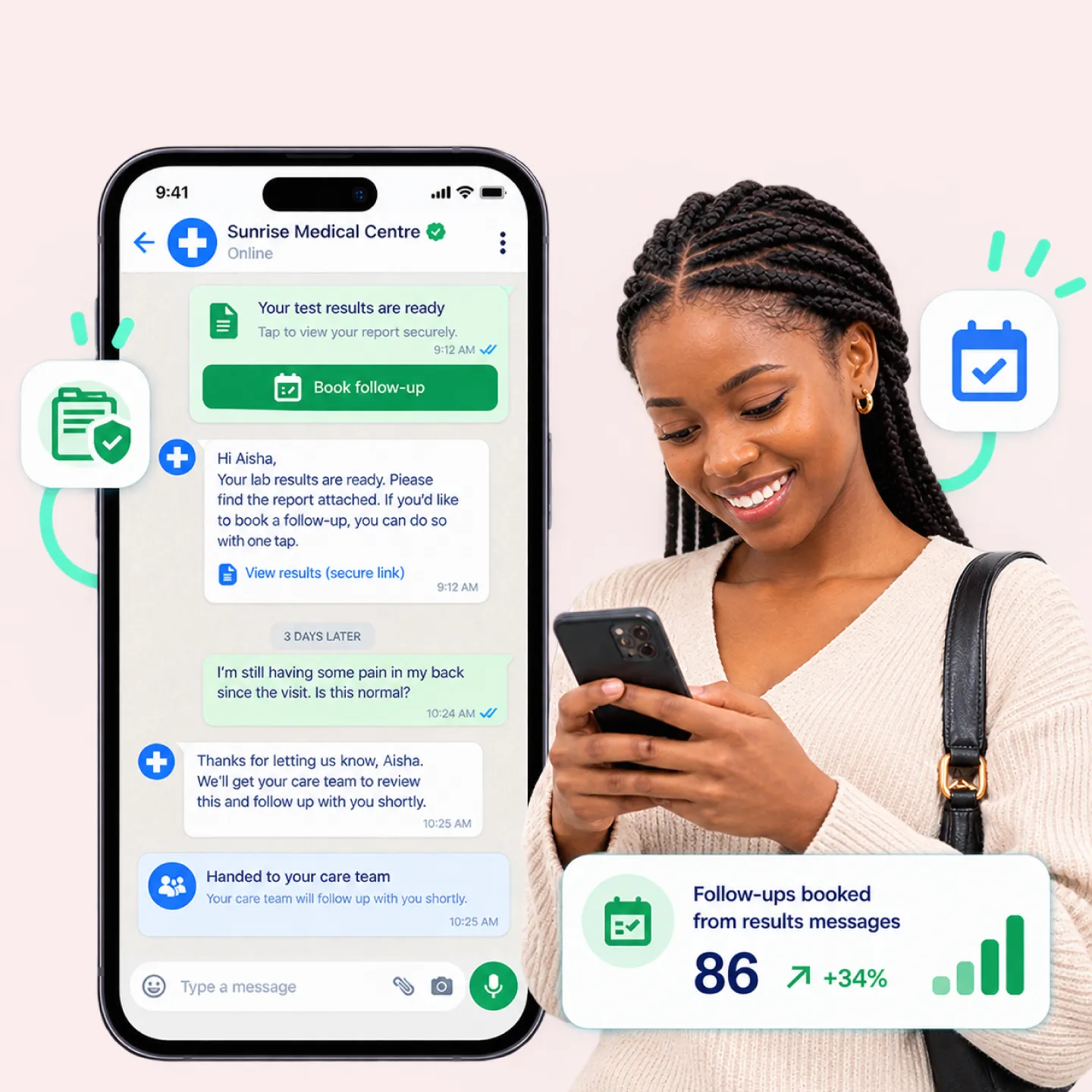 Nautix delivering results and running check-ins after a clinic visit