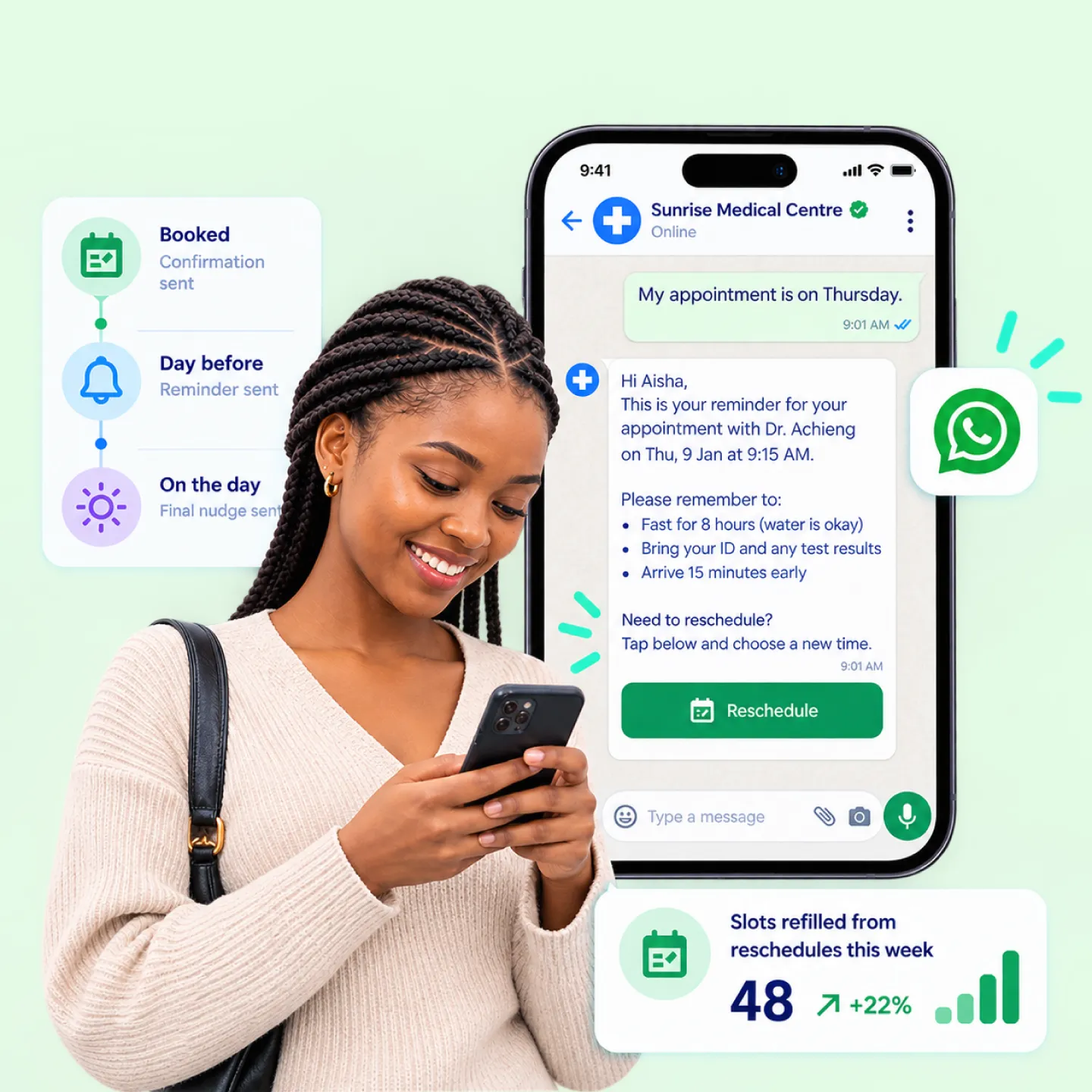 Nautix sending layered appointment reminders and prep on WhatsApp