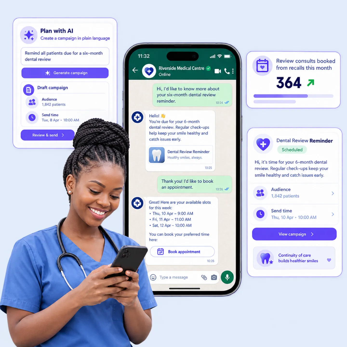 Nautix running patient recall and renewal campaigns on WhatsApp