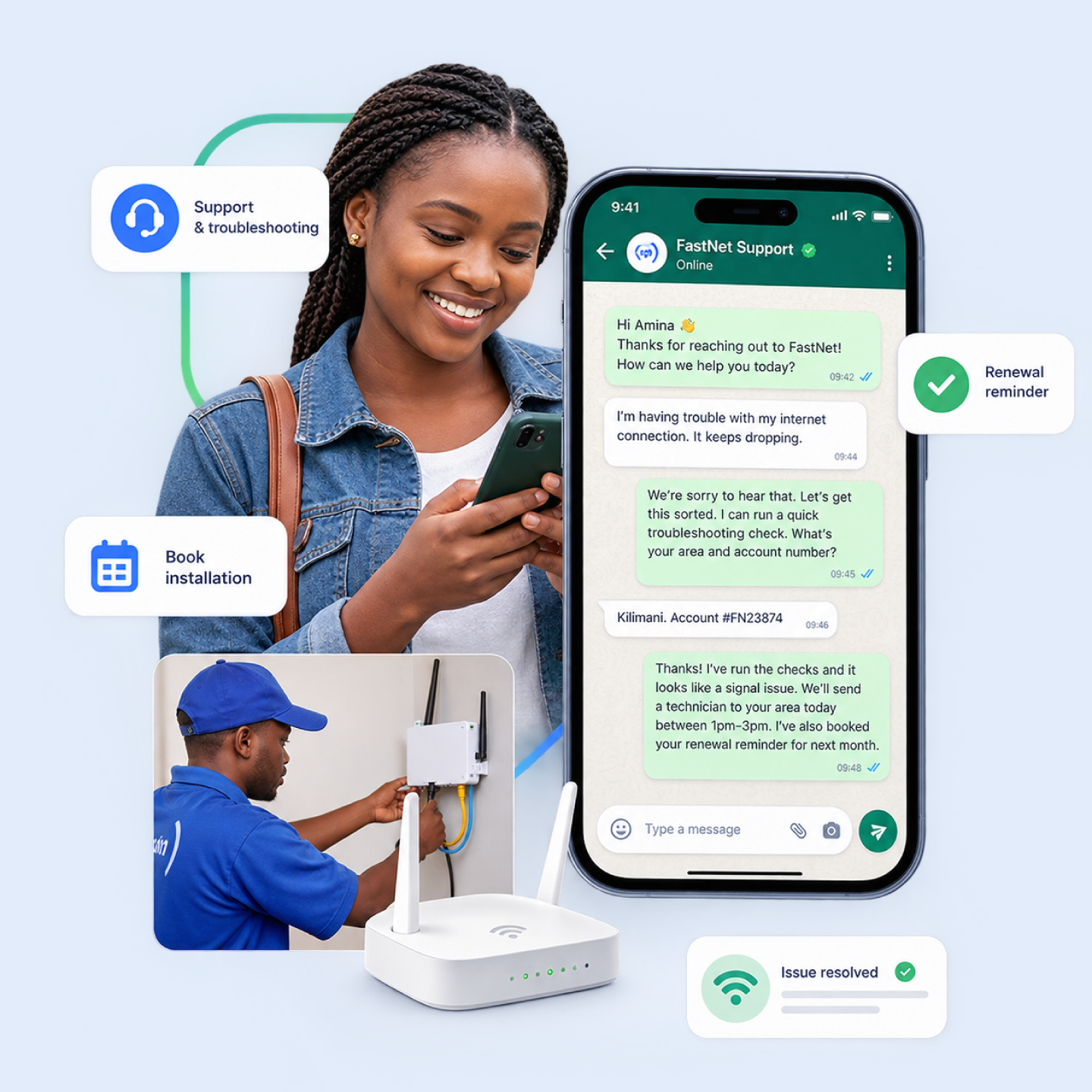Nautix resolving a first-line ISP support ticket on WhatsApp