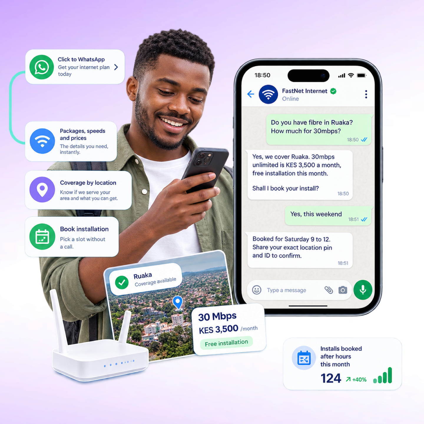 Nautix booking a new ISP installation from a WhatsApp enquiry
