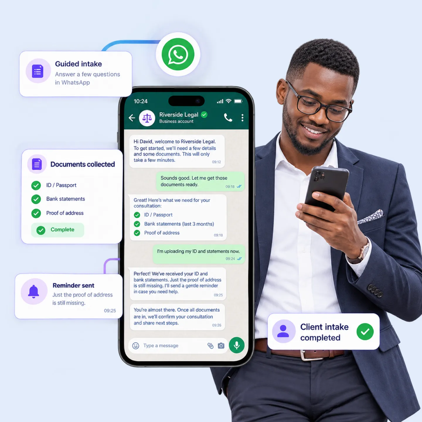 Nautix collecting client intake documents through WhatsApp