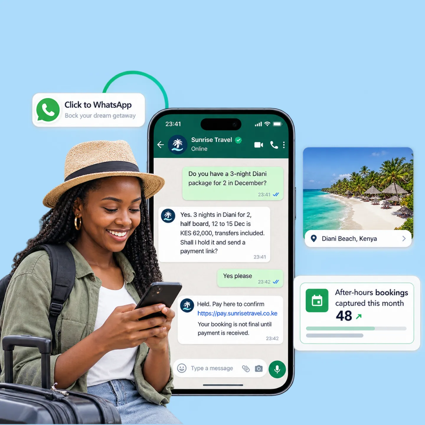 Nautix booking a late-night travel enquiry on WhatsApp