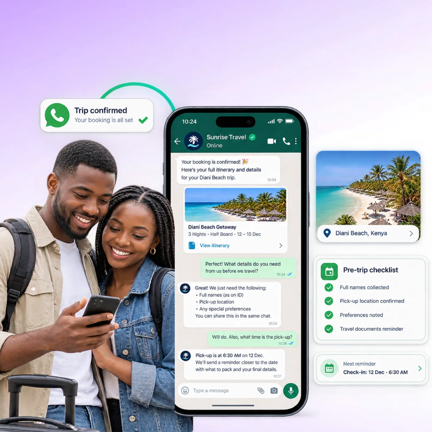 Nautix sending confirmation, itinerary, and pre-trip reminders on WhatsApp